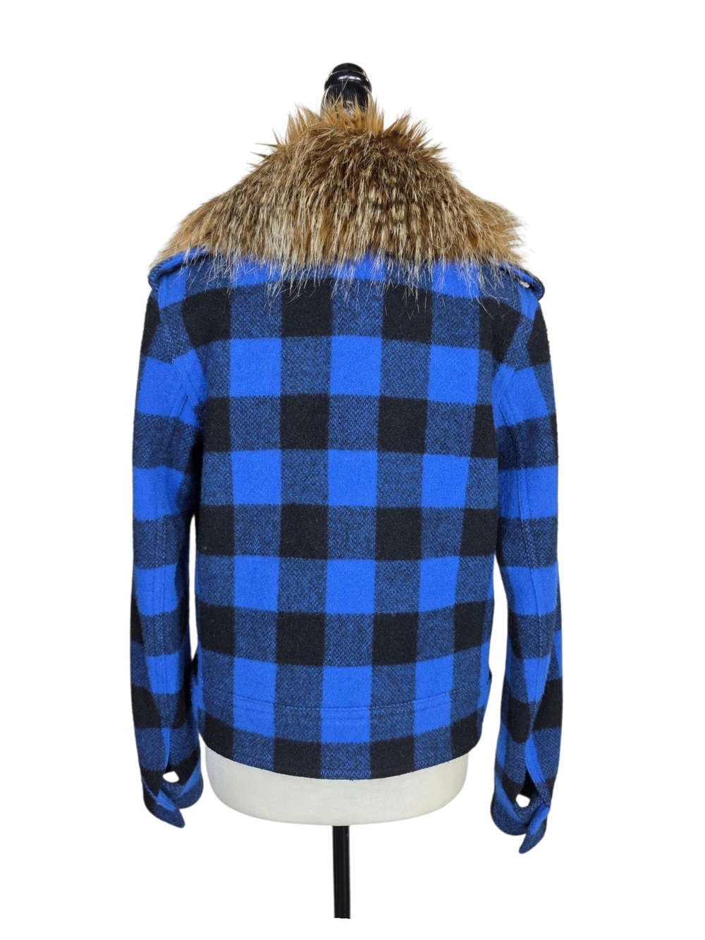 Smythe Wool Black & Electric Blue Buffalo Checks barn jacket with Faux Fur Trim - Picture 4 of 16